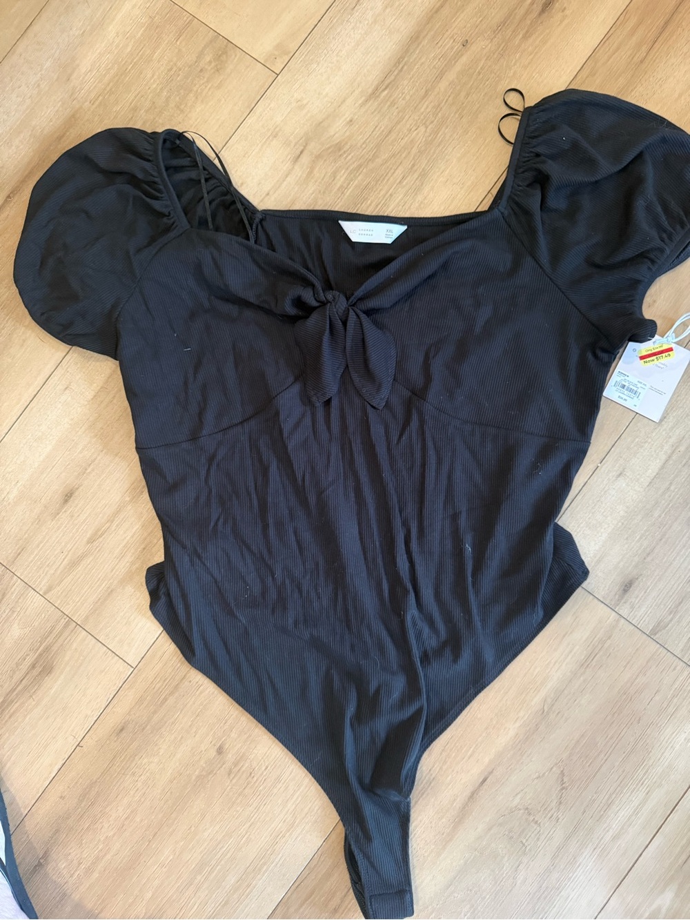 LC Lauren Conrad Black Puff-Sleeve Tie-Front Ribbed Bodysuit
